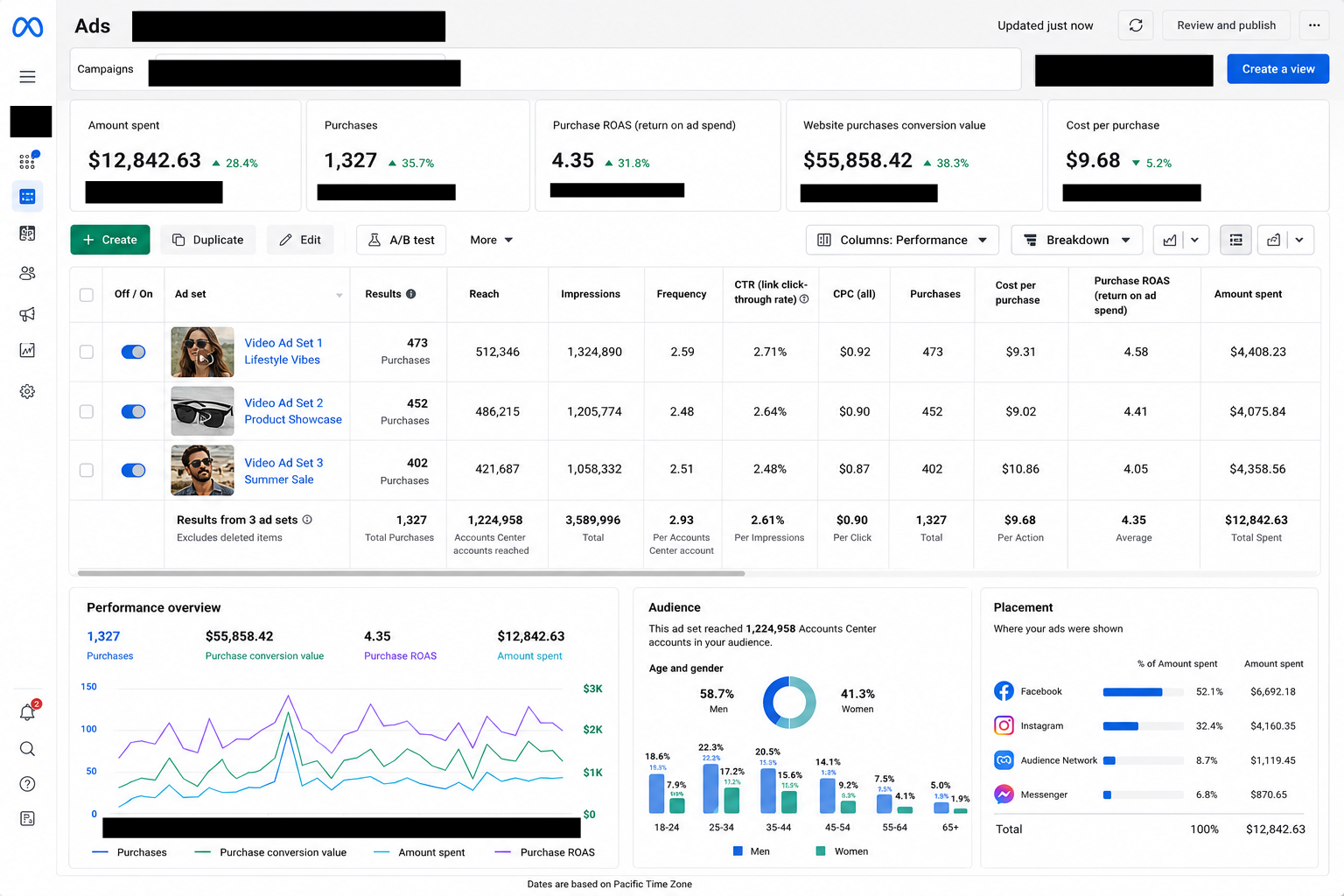 Meta Ads campaign dashboard showing ROAS and purchase performance